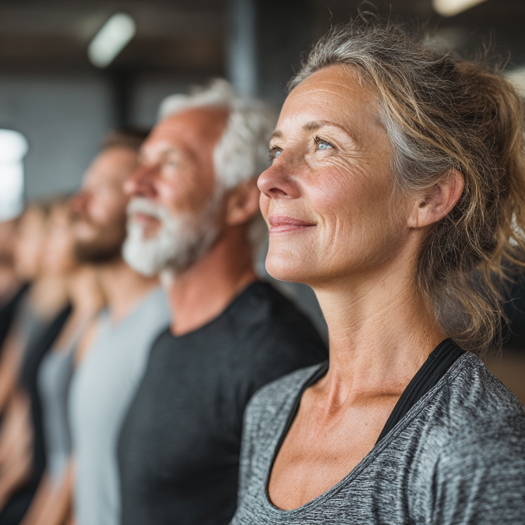Group of mature adults aged 45-55 practicing yoga together in bright studio, showing diverse people in comfortable clothing performing gentle stretching poses