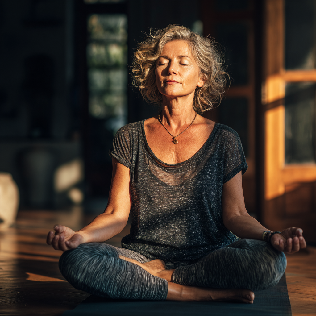 Mature woman in her 50s practicing yoga in peaceful meditation pose with serene expression, sitting cross-legged on yoga mat in natural lighting