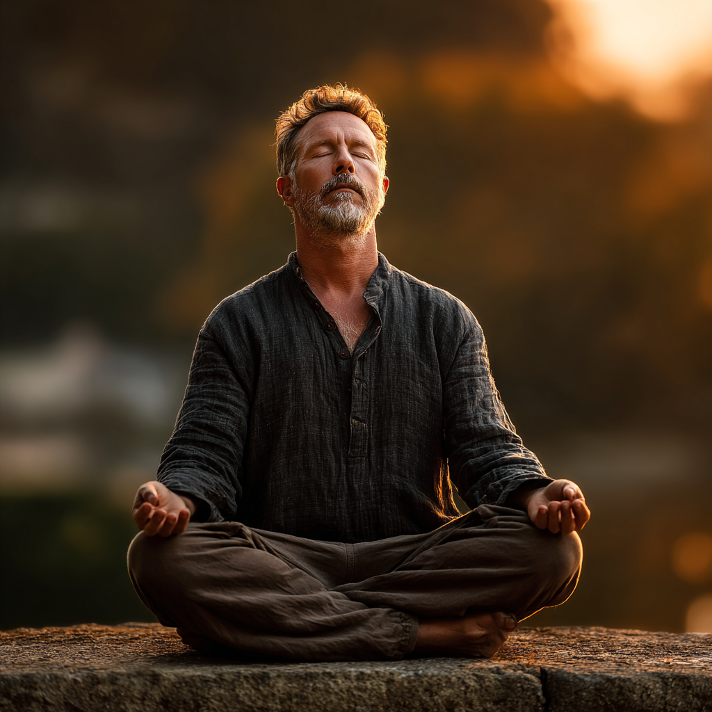 Peaceful middle-aged man around 50 years old in meditation pose with closed eyes, sitting in lotus position outdoors in natural setting with soft morning light